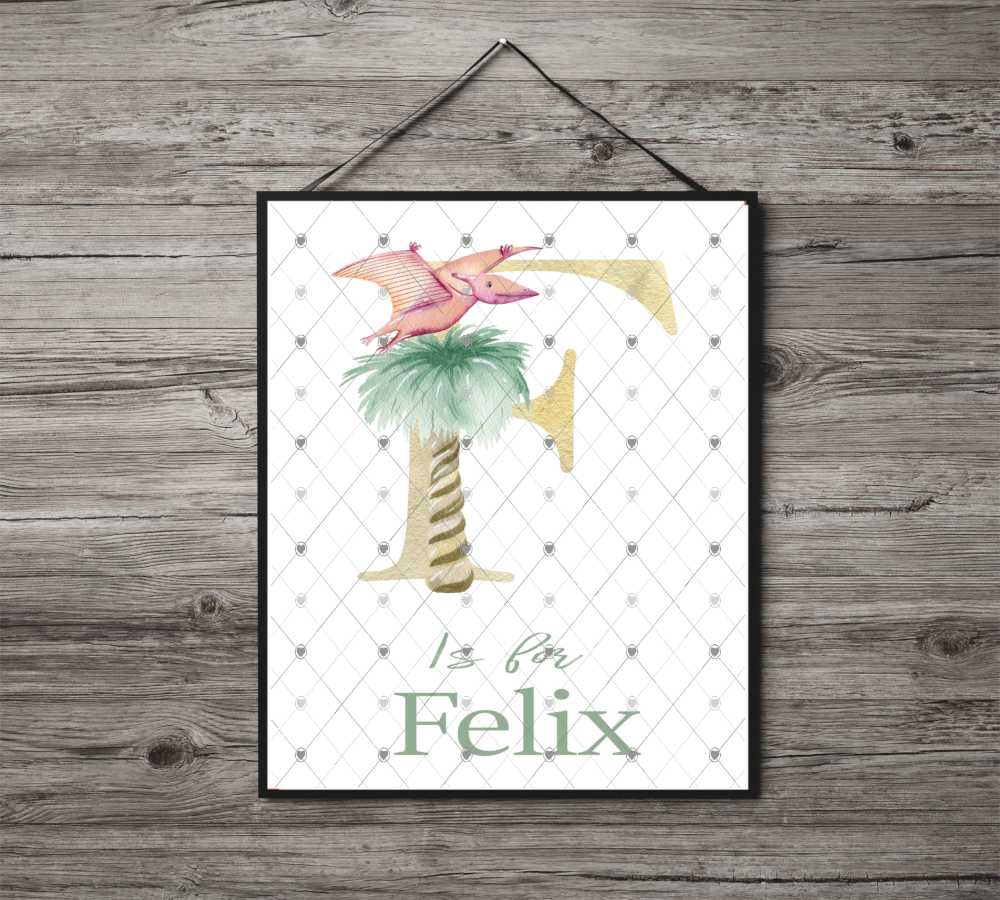 Dinosaur Initial Name Print, Letter F Custom Print, Letter F